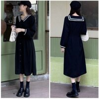 Đầm váy midi đen cổ thuỷ thủ tay dài vnxk phong cách hàn quốc (kèm hình thật)