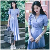 Đầm váy midi sọc xanh cổ bẻ form dài, váy vintage hàn quốc (kèm hình thật)