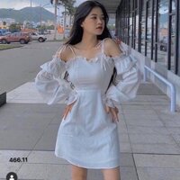 Đầm váy ngắn hai dây cột vai tay bo ống loe