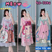 Đầm váy ngủ tiểu thư lụa xước mềm mát thiết kế cổ tròn ren nhún bèo, váy đầm ngủ dễ thương cute bầu bì mặc nhà thoải mái