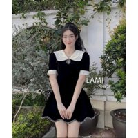 Đầm váy nhung dáng xòe cổ bèo trắng đính đá ngọt ngào, sang trọng