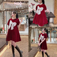 Đầm váy nhung đỏ mặc chơi TẾT ,noel Đầm nhung đỏ baby doll kim tuyến tay phồng nơ ren trắng to thiết kế dễ thương QC 1