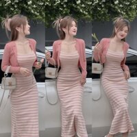 Đầm váy nữ 2 dây body xòe sọc ngang phối áo khoác croptop với tone màu hường nhẹ nhàng cho các nàng diện đi chơi xinh