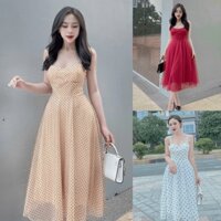 Đầm váy nữ 2 dây xòe chấm bi đơn giản, nhẹ nhàng bồng bềnh dành cho các tình yêu đi chơi, dự tiệc