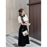 Đầm váy nữ 2s đen xoè dài chiết eo kèm áo khoác trắng cổ tròn bèo sen tay ngắn công sở dự tiệc đám cưới cao cấp dạo phố