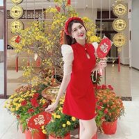 Đầm Váy Nữ Áo Cổ Tròn Đính Nút Phối Tay Voan