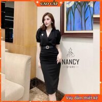 Đầm váy nữ body cổ chéo, tay ngắn, hoa ngực, ngọc đính eo cao cấp sang chảnh dự tiệc màu đỏ đen công sở Nancy A47  ྇ ་