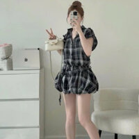 Đầm váy nữ cổ sơ mi kẻ kèm dây đai xoè phồng ( có quần trong)