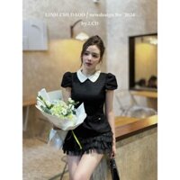 đầm váy nữ cổ sơ mi phối màu chân váy tua rua nhiều tầng, Đầm váy dạ tay bồng ngắn 2 màu XANH ĐEN dáng ngắn thiết kế