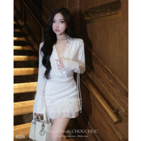 Đâm váy nữ cổ xẻ V dai tay chân váy xếp tâng tua rua 2 mau TRẮNG ĐEN, Váy nữ dự tiệc sang chảnh cổ V dai tay TỰ MAY LẠI