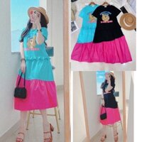 Đầm váy nữ cotton phối màu lụa thô cao cấp,Đầm thun suông phối màu