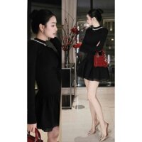 Đầm váy nữ dài tay ôm body cổ đính đá mix chân váy tơ voan dáng ngắn bồng xoè thiết kế May Lại tiểu thư