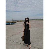 Đầm váy nữ dáng dài ôm body đính cúc  phối túi hộp giả tiểu thư, Đầm váy nữ dáng dài 2 dây đính cúc phối túi baisc