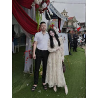 Đầm váy nữ dáng dài ren voan, Đầm váy nữ ren voan dáng dài tay bồng cổ chữ V mix đai eo buộc cách điệu(kèm ảnh thật)