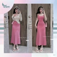 Đầm váy nữ dáng midi ôm body chất tăm lạnh mix áo len ren dài tay lệch vai AT199
