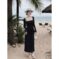 Đầm váy nữ đi tiệc,đi chơi biển chất ren dày váy hai dây ôm body dáng dài kèm khoác ngắn thun giấy 2 màu xinh xắn