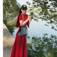 Đầm váy nữ đỏ cộc tay dáng dài buộc khăn kẻ caro, Váy cộc tay thun nữ buộc khăn cổ kẻ CHOUCHOU TỰ MAY LẠI