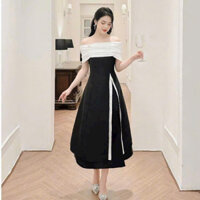 Đầm váy nữ dự tiệc cưới sang chảnh, đầm xoè trễ vai dáng dài chất vải Tapta phối ren,