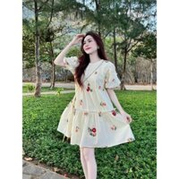 Đầm váy nữ mặc đi chơi chất lụa ý in hoa babydoll cổ tròn tay ngắn váy xoè rộng trên gối QC