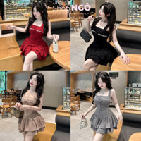 Đầm váy nữ mặc đi tiệc,đi chơi sang chảnh quyến rũ váy hai dây bảng phối ren cột nơ dán xoè tầng 4 màu siêu xinh