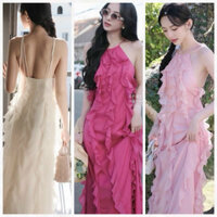 Đầm váy nữ maxi voan bèo cổ yếm ( có mút ) sang chảnh, tôn dáng cho các nàng đi chơi, đi biển dễ thương