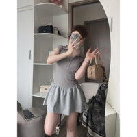 Đầm váy nữ polo nâu xám mix chân váy xám dáng ngắn thiết kế LANNIE TỰ MAY LẠI, Đầm váy cộc tay đóng cúc trước lyn
