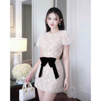 Đầm váy nữ ren đính nơ đen eo dáng ngắn, Đầm cộc tay ôm body dáng ngắn thiết kế TỰ MAY LẠI Chin.closet