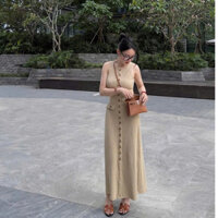 Đầm váy nữ sát nách dáng maxi đi chơi đi biển thiết kế 2 màu be đen KAB TỰ MAY LẠI, Đầm sát nách dáng suông lipu