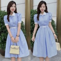Đầm váy nữ sơ mi cổ sen tay phồng phối viền sọc xinh với tone màu xanh nhẹ nhàng cho các nàng diện đi chơi, hẹn hò