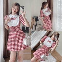 Đầm váy nữ sọc caro phối cổ bèo dập ly đính nơ tiểu thư sang trọng,kiêu sa thời trăng nữ MOON