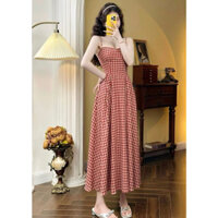 Đầm Váy Nữ Sọc Caro Xốp Đũi 2 Dây Đường Viền Xòe Dáng Dài Với Tone Màu Đỏ Tôn Da, Xinh Xắn Diện Đi Chơi, Hẹn Hò