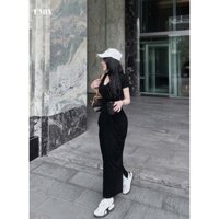 Đầm váy nữ tay cộc chiết eo phối chân váy dài đuôi cá, đầm váy nữ cổ V thiết kế nhún eo phối váy dài sang chảnh
