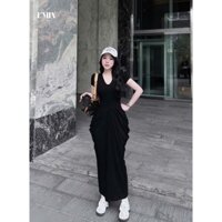 Đầm váy nữ tay cộc chiết eo phối chân váy dài đuôi cá, đầm váy nữ cổ V thiết kế nhún eo phối váy dài sang chảnh basic