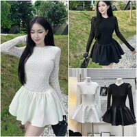 Đầm váy nữ tay dài,cổ tròn chất len ren phối dáng váy xòe ngắn kèm quần với tone màu basic dành diện đi tiệc,hẹn hò xinh