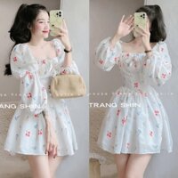 Đầm váy nữ tay phồng nhún ngực xòe họa tiết hoa cute dành cho các nàng teen diện đi chơi, hẹn hò xinh xắn