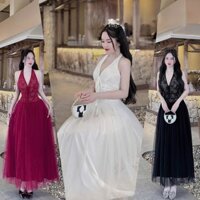 Đầm váy nữ thiết kế, đầm yếm hở lưng ren hoa có mút phối tùng lưới dáng xòe dài 3 tone màu sang chảnh cho nàng đi tiệc