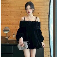 Đầm váy nữ thiết kế đi tiêc, đầm nhung trễ vai dây tay phồng đính bông kèm quần đùi bí phồng  chanh sả mtb