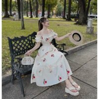 Đầm váy nữ trễ vai họa tiết in hoa nhún bèo tầng sang chảnh dễ thương ( có mút ngực ) trẻ trung tôn dáng dự tiệc đi chơi