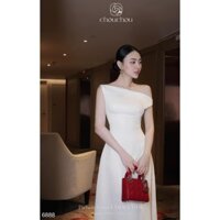 Đầm vay nữ vai chéo cổ thuyền phối chân váy dài, đầm nữ hai màu ĐEN TRẮNG nhún eo mix chân váy dài xoè basic hàng TỰ MAY