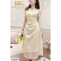 Đầm váy nữ voan hoa màu vàng cổ V phối lót trong eo kiểu sang trọng thanh lịch trẻ trung xinh công sở