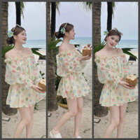 Đầm váy nữ voan hoa trễ vai tay phồng bèo xinh xắn, dễ thương cho các tình yêu đi tiệc, đi biển