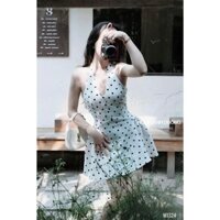 Đầm váy nữ yếm buộc cổ hở lưng chấm bi trắng đen dáng ngắn chiết eo thiết kế trẻ trung TỰ MAY LẠI trendy