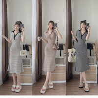 Đầm váy Polo nữ cổ sơ mi thun cotton,tay ngắn sọc đen - trắng form dài xinh xắn BT750