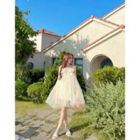 Đầm váy ren 2s phối lưới đính nơ ngực đầm trắng tiểu thư babydoll xoè rộng dự tiệc đi đám cưới cúp ngực cao cấp