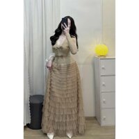 Đầm váy ren cổ V đính nơ chân váy tơ voan tầng, đầm váy ren nữ dài tay mix chân váy voan sang chảnh