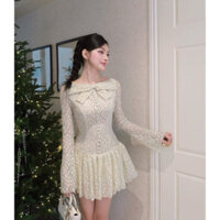 Đầm Váy Ren Hoa Ôm Body Tay Dài Đính Nơ To Đóng Nút Bọc Xoè Nhẹ 2 Lớp Chuẩn Ảnh