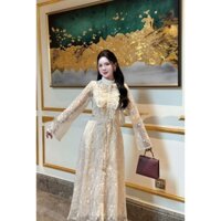 Đầm váy ren nữ dài tay buộc eo dáng lửng ren be kem thiết kế TỰ MAY LẠI, Đầm váy nữ dài tay cổ tàu LYN
