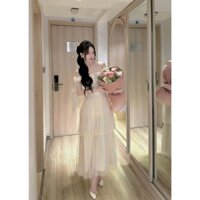 Đầm váy ren nữ dáng dài tay nơ phối chân vây tơ voan đa tầng tiểu thư, Đầm váy ren nữ dáng dài cup ngực basic