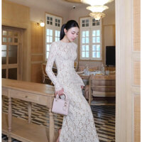 Đầm váy ren nữ tay loe cổ tròn họa tiết hoa dáng ôm maxi thiết kế CHOUCHOU MỚI TỰ MAY LẠI, Đầm váy ren 1 màu trendy