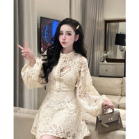 Đầm váy ren voan nữ cổ tròn đứng phối chân váy xoè, đầm váy nữ ren hoạ tiết đính cúc bọc dọc chiết eo phối váy xoè basic